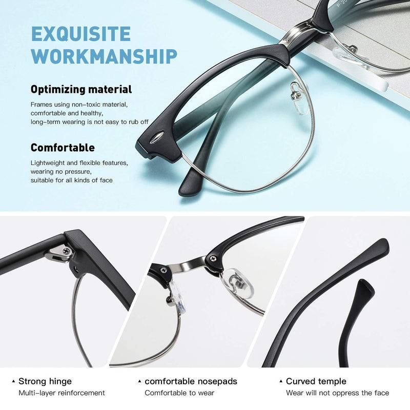 AOMASTE Blue Light Blocking Glasses Retro Semi Rimless UV400 Clear Lens Computer Eyewear For Men Women C2 Matte Black Silver Frame