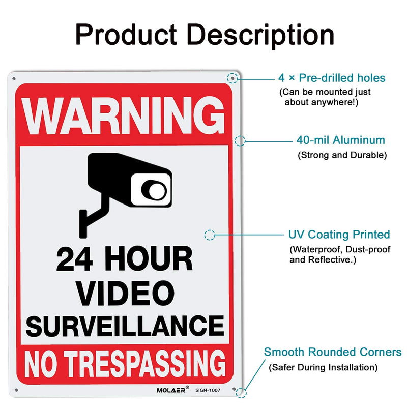 Video Surveillance Sign, MOLAER 3-Pack No Trespassing Signs, 10" x 7" UV Printed Waterproof Reflective 40 Aluminum Material, for Outdoor Security Camera Warning