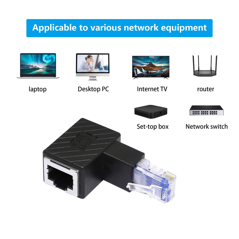RIIEYOCA Down Angle Ethernet Adapter, 90 Degree RJ45 Male to Female Extension Cat6 LAN Network Connector for Computers, Laptops, Routers(2-Pack) Black(D)