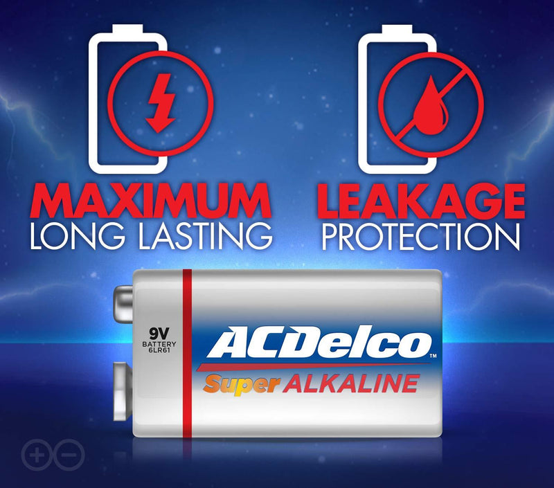 ACDelco 12-Count 9 Volt Batteries, Maximum Power Super Alkaline Battery, 7-Year Shelf Life, Recloseable Packaging