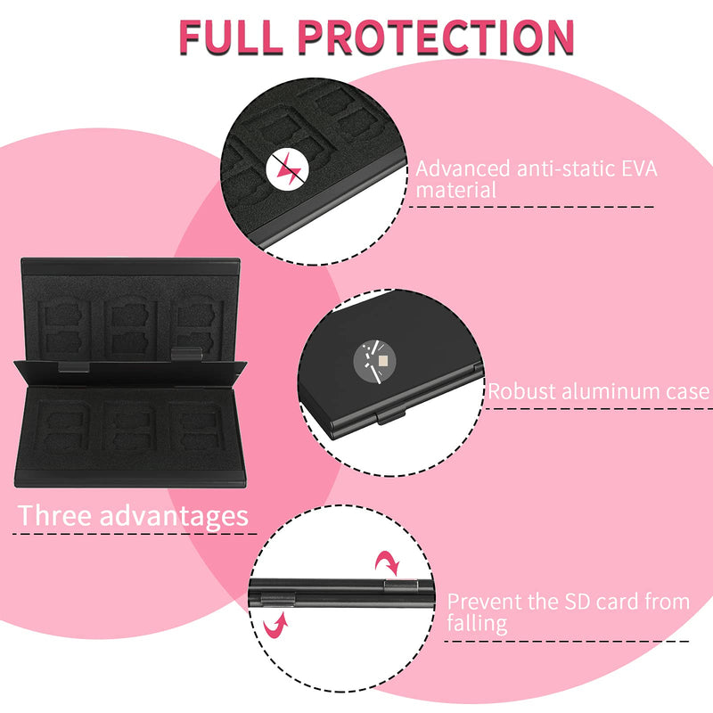 SD Card Holder, SD Card Case,LAVILI CF Memory Card Holder Case Aluminum Alloy Hard Shell, Double-Layer Capacity for 6SD Cards and 12 TF Cards Black Color