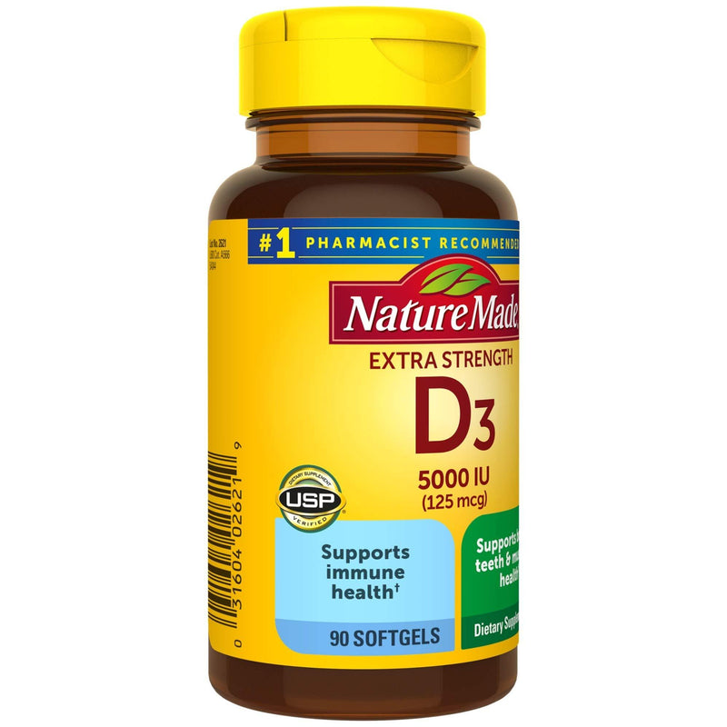 Nature Made Extra Strength Vitamin D3 5000 IU (125 mcg), Dietary Supplement for Immune Support, 90 Softgels, 90 Day Supply 90 Count (Pack of 1)