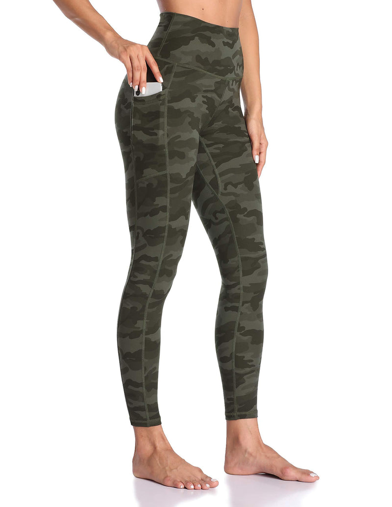 Colorfulkoala Women's High Waisted Yoga Pants 7/8 Length Leggings with Pockets Army Green Camo X-Small