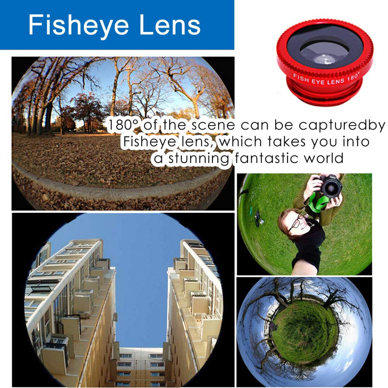 KINGMAS 3 in 1 Universal Fish Eye Lens + Wide-Angle Lens + Macro Clip Camera Lens Kit for iPad iPhone Samsung Android and Most Smartphones red