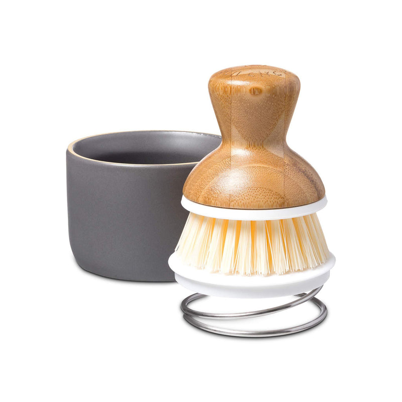 Full Circle Bubble Up Ceramic Soap Dispenser & Bamboo Dish Brush, White/Gray Dish Brush + Dispenser Grey/White