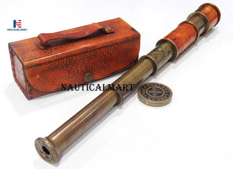 Brass Nautical Antique Working Telescope/Spyglass Replica in Leather Box, with Glass Optics, Extendable to 16 inches, Made of Pure Brass, Decorative Kids Scope