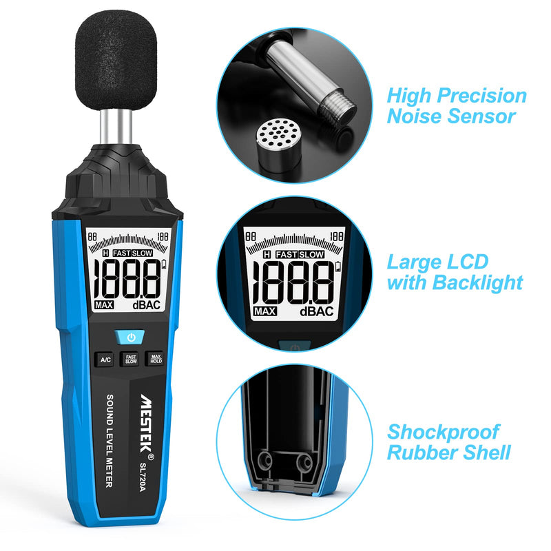 Decibel meter, MESTEK sound level meter, portable db meter, 30 dB to 130 dB, A/C weighted LCD display, can be used in private households, factories and streets