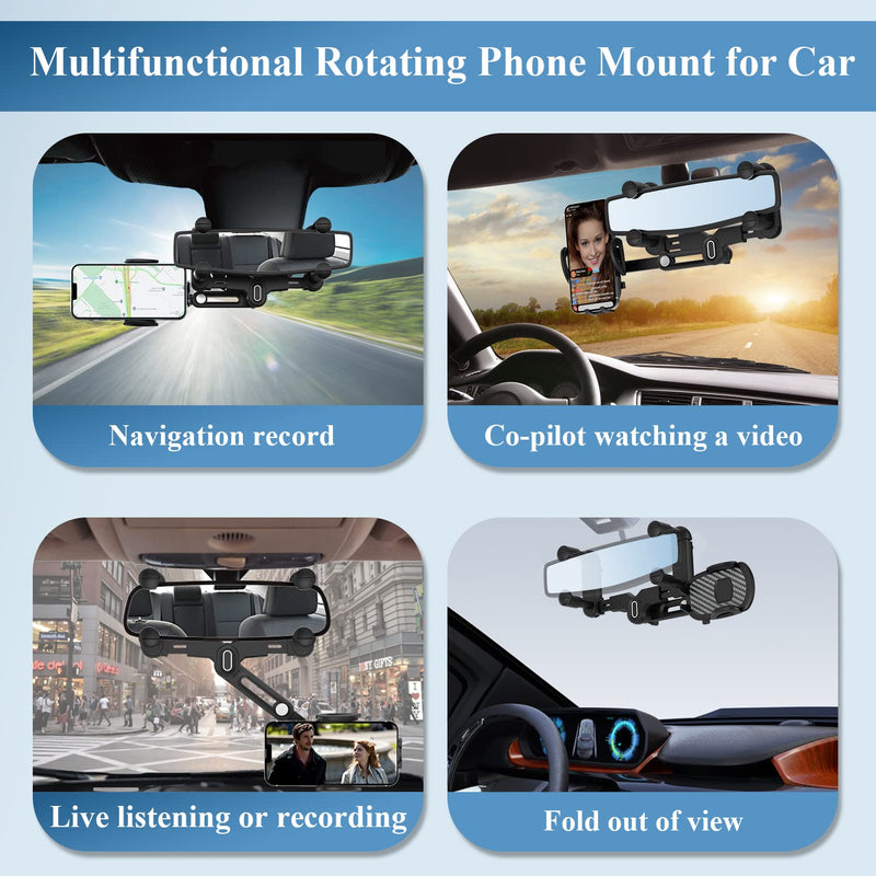 Phone Mount for Car, 360° Rotatable and Retractable Car Phone Holder Mount, Multifunctional Rotating Car Phone Holder Mount Universal Adjustable Rear View Mirror Cell Phone Holder for All Smartphones