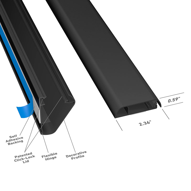 D-Line TV Wall Mount Cord Hider, Hide Mounted TV Cables, Wire Covers, Self Adhesive Cover for Cords, Low Profile, Seamless Cable Raceway for TV on Wall - 2X 2.36 W x 0.59" H x 15.7" Lengths - Black 2x 15.7in Lengths