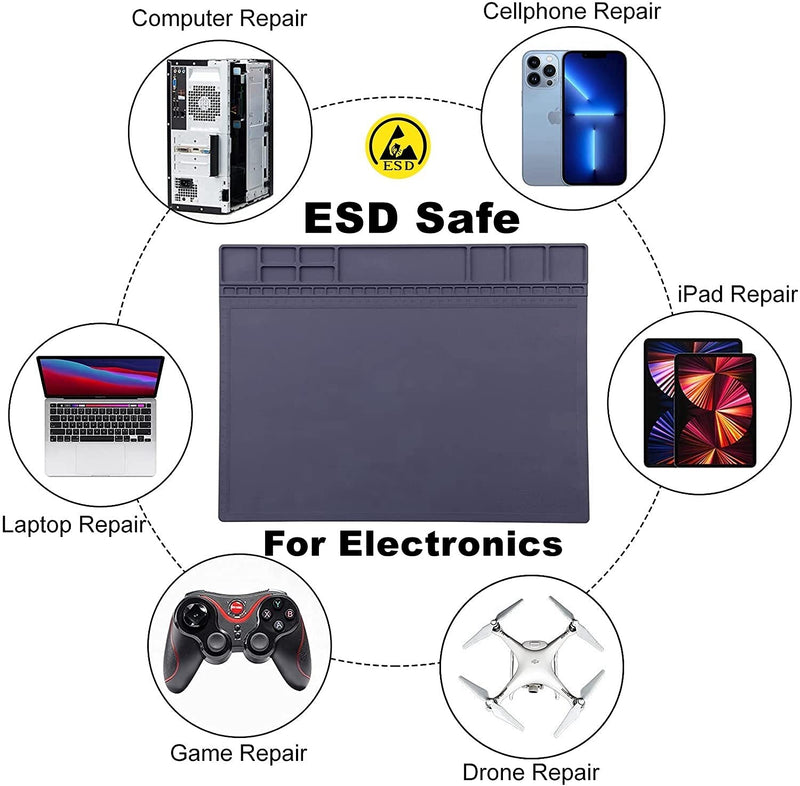 Anti-Static Mat ESD Safe for Electronic Includes ESD Wristband and Grounding Wire, HPFIX Silicone Soldering Repair Mat 932Â°F Heat Resistant for iPhone iPad iMac, Laptop, Computer, 15.9â€ x 12â€ Grey