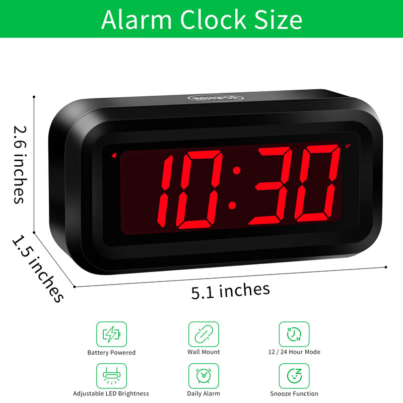 KWANWA Alarm Wall Small Clock, Battery Operated, Adjustable 3-Level Led Brightness, Dim Night Model, 12/24Hr, Cordless, Constantly 1.2'' Red Digits Display for Bedroom/Travel Black Case-red Led