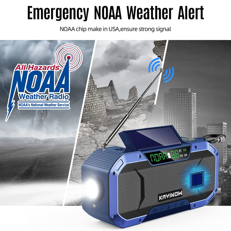 KAYINOW Emergency NOAA Weather Alert Radio - w/Bluetooth Speaker, IPX5 Waterproof, Hand Crank Solar Radio AM FM, 5000mAh Battery Backup, Portable for Home Camping Survival,SOS,Phone Charger,Flashlight Blue