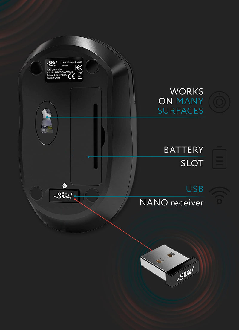 ShhhMouse Wireless Silent Noiseless Clickless Mobile Optical Mouse with USB Receiver and Battery Included, Portable and Compact, for Notebook, PC, Laptop, Computer, MacBook (Black) Black