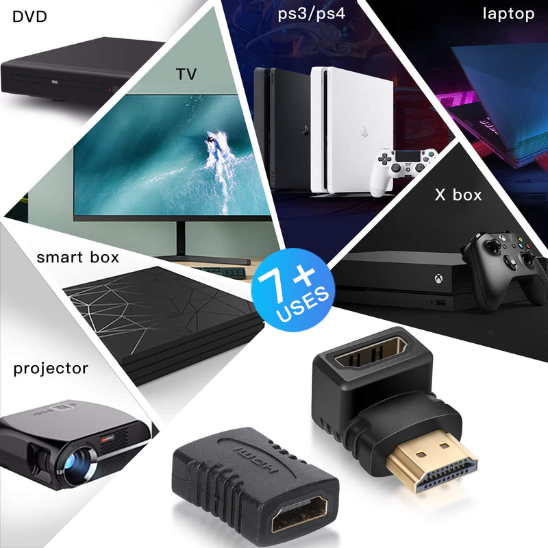 2 Pack HDMI Adapter, Tsemy Right Angle 90 Degree Gold Plated HDMI Male to Female Connector, Female to Female HDMI Connector, Support 3D 4K 1080P HDMI Extender for HDTV Laptop PC