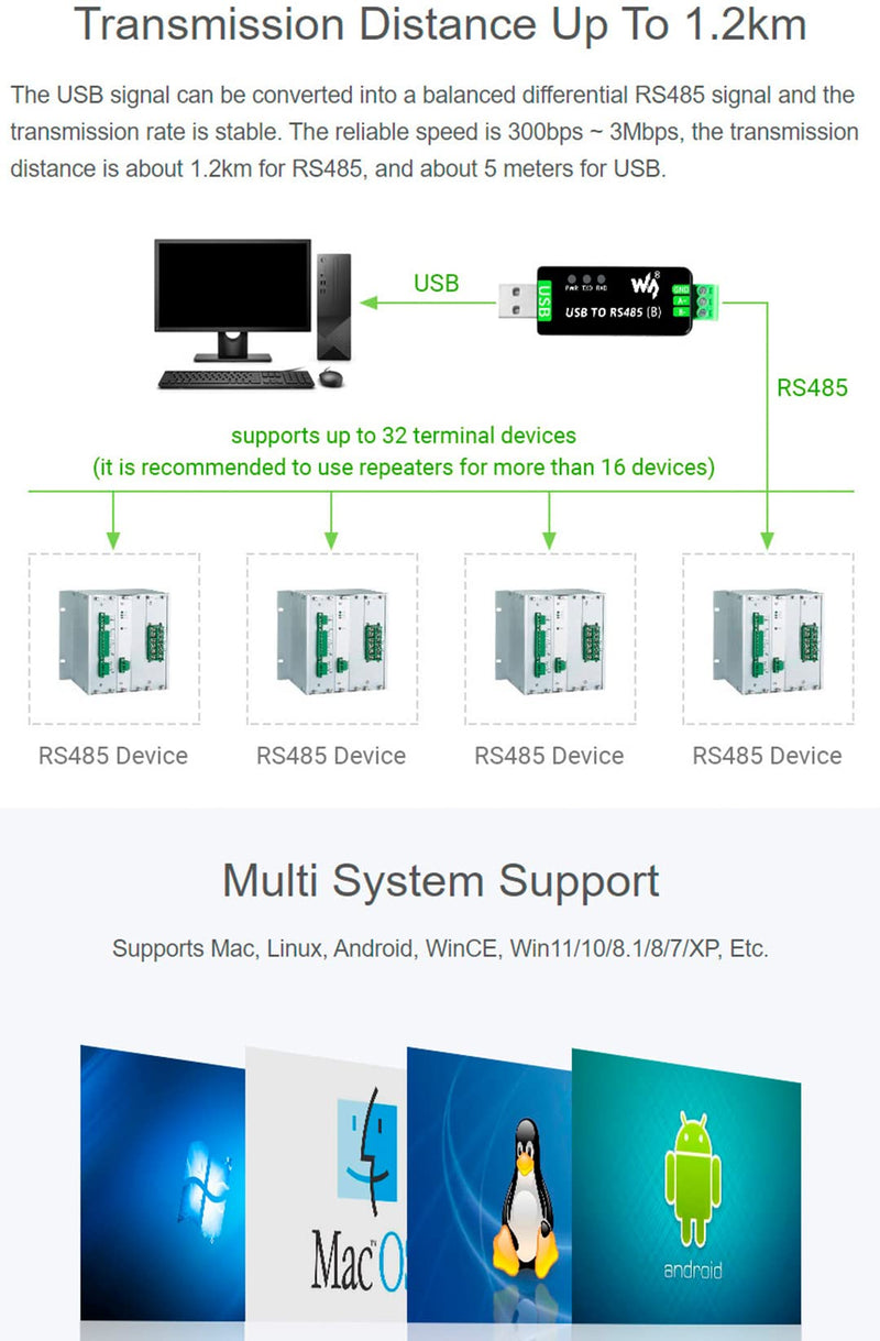 Industrial USB to RS485 Bidirectional Converter Onboard CH343G Chip, Multi-Protection Circuits 300bps-3Mbps Baudrate Support Linux,Android,Wince,Win10/8.1/8/7/XP, Up to 1.2km Transmission Distance