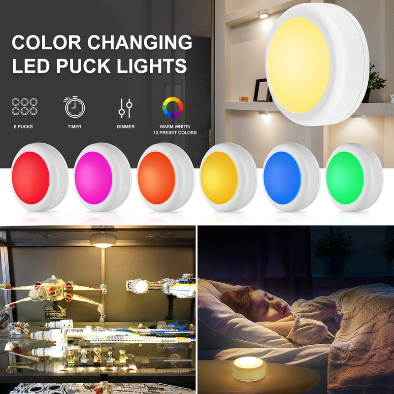 BLS LED Puck Lights with Remote Control, Wireless Under Cabinet Lighting, Battery Powered Lights, Stick on Lights, Color Changing Lights with Dimmer and Timer, AA Battery Operated Closet Light, 6 Pack