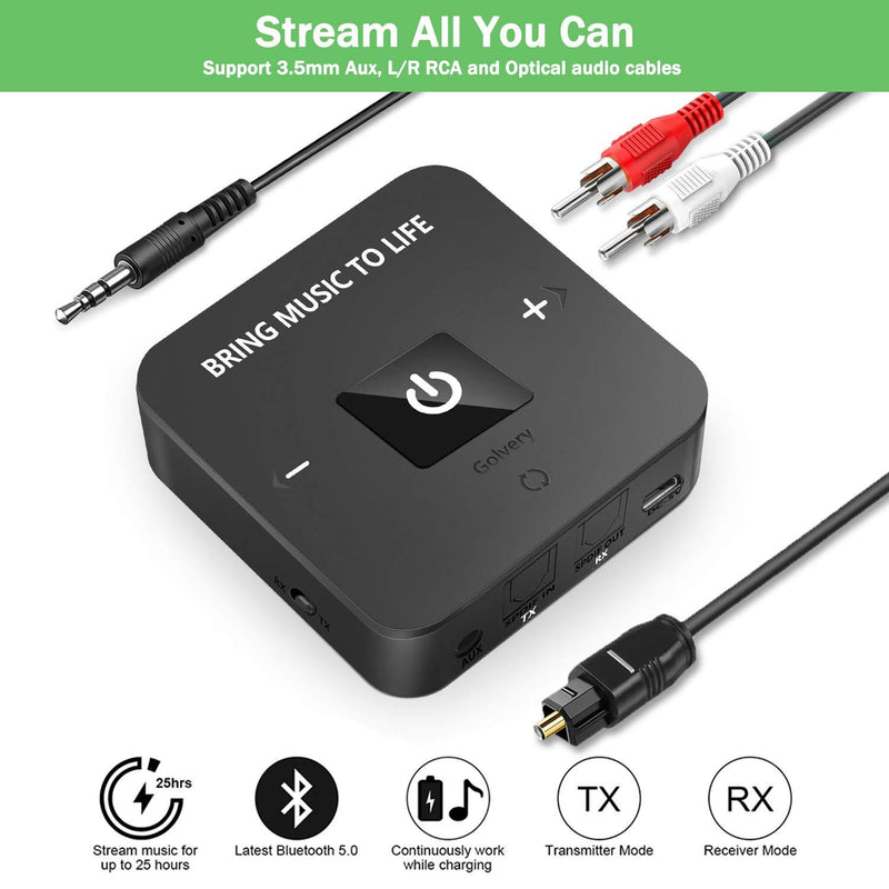 Golvery Bluetooth V5.0 Transmitter and Receiver with Optical TOSLINK & 3.5mm Jack Wireless Audio Adapter for TV Headphones Speaker Car Stereo - aptX Low Latency for HiFi Sound 25 Hours Playtime Dark Black