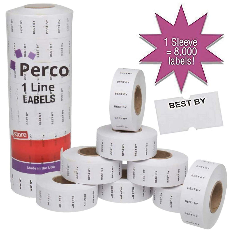 Perco Best by 1 Line Labels - 1 Sleeve, 8,000 Best by Labels for Perco 1 Line Date Guns 1- Sleeve White