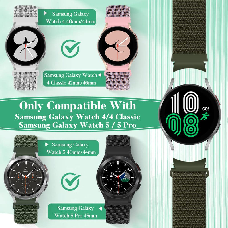 PBFairyy 3 Pack Nylon Band Compatible with Samsung Galaxy Watch 5 Band 44mm 40mm/Watch 5 Pro Bands 45mm,Galaxy Watch 4 Band 40mm 44mm/Galaxy Watch 4 Classic Bands 42mm 46mm,Wristband Sport Loop Strap DeepBlack+Iron Gray+ArmyGreen