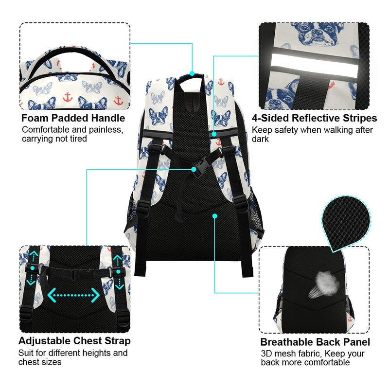School Backpack with Chest Strap, French Bulldog And Anchor Laptop Backpack, Travel Hiking Backpack for Boys Girls, Rucksack, Knapsack Puppy 032