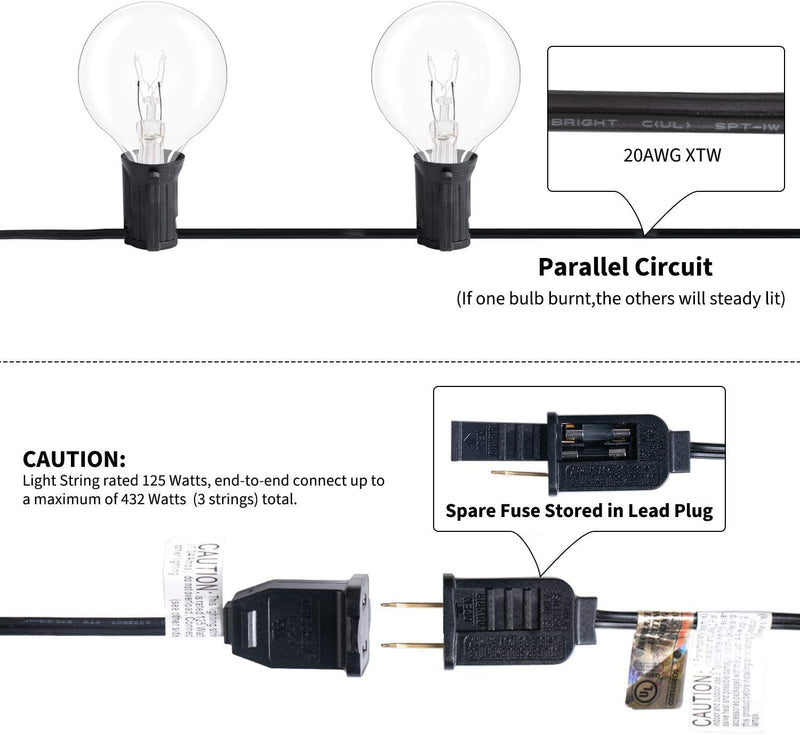 Outdoor String Lights 25 Feet G40 Globe Patio Lights with 27 Edison Glass Bulbs(2 Spare), Waterproof ConnectableÂ Hanging Light for Backyard Porch Balcony Party Decor, E12 Socket Base,Black 25 ft Black