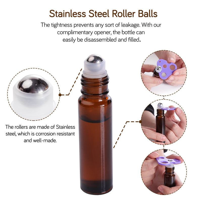 Essential Oil Roller Bottles 10ml (Amber Glass, 12pack, 2 Extra Roller Balls，24 Labels, Opener, 2 Funnels by PrettyCare) Roller Balls For Essential Oils, Roll on Bottles 12 Pack