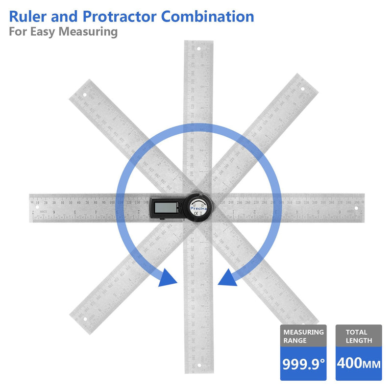 Preciva Protractor, Preciva Digital Angle Bevel with Locking Function, Measuring Range: 000.0°~999.9°, Stainless Steel Ruler for Woodworking, Home Work - 400 mm/14 Inches