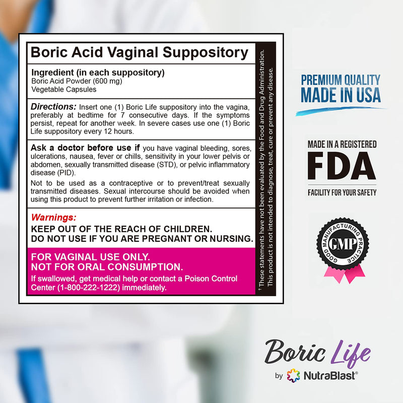 NutraBlast Boric Acid Vaginal Suppositories - 30 Count, 600mg - 100% Pure Made in USA - Boric Life Intimate Health Support 30 Count (Pack of 1)