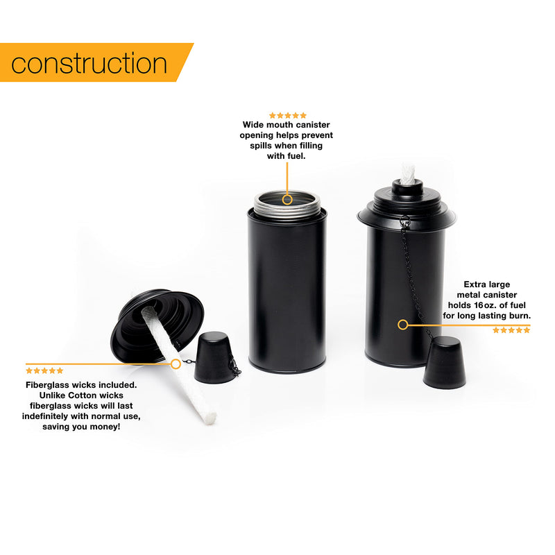Backyadda Torch Replacement Canisters (16 oz). Compatible with Most Tiki Brands (Bamboo and Most Metal Styles). Easy Fill Opening. 4-Pack (with Snuffer Caps) With Snuffer Cap