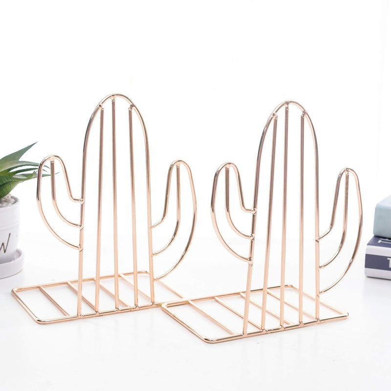 Chris.W 1 Pair Wire Rose Gold Bookends Decorative Metal Book Ends Supports Dividers for Shelves, Unique Cactus Design