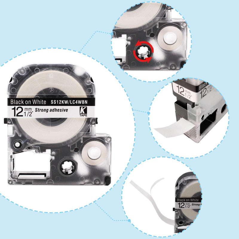 Absonic Compatible Label Tape Replacement for LK-4WBN LK-4LBP LK-4RBP LK-4YBW LK-4GBP for Epson LabelWorks LW-300 LW-400 LW-500 LW-600P LW-700 LW-900 LW1000P Label Maker, 1/2" x 26', 12mm x 8m, 5-Pack