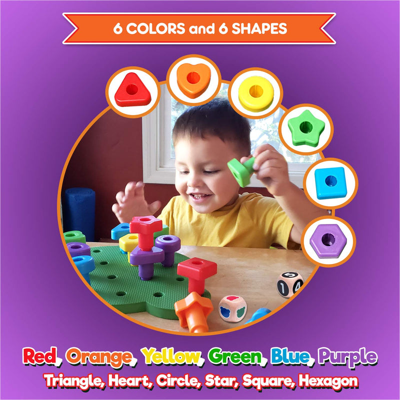 KIDS KORNER Jumbo Shapes Peg Board Toddler Games Set - Educational Baby Toys for Toddlers Stacking Sensory Toys, Peg Math Manipulatives, Toy Storage Backpack & Learning Activities eBook LACING PEGBOARD: 18 Pegs, Board, 3 Laces, Tote