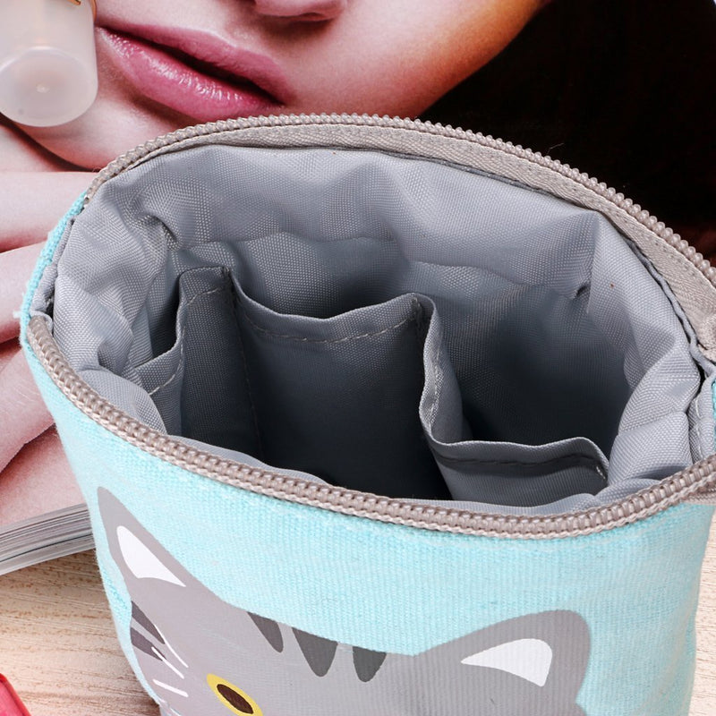 Telescopic Pencil Pouch Standing Pen Holder Cute Pencil Bags Stand Up Pen Case Cartoon Pencil/Pens Storage Box Canvas+PU Stationery Organizer Makeup Bag with Zipper Closure (Blue) Blue