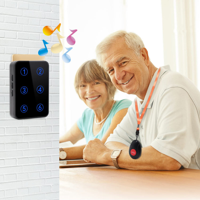 CallToU Caregiver Pager Wireless Call Button System with 2 Number Display Plug-in Receiver 6 Waterproof Transmitters for Elderly Senior Disable Patients