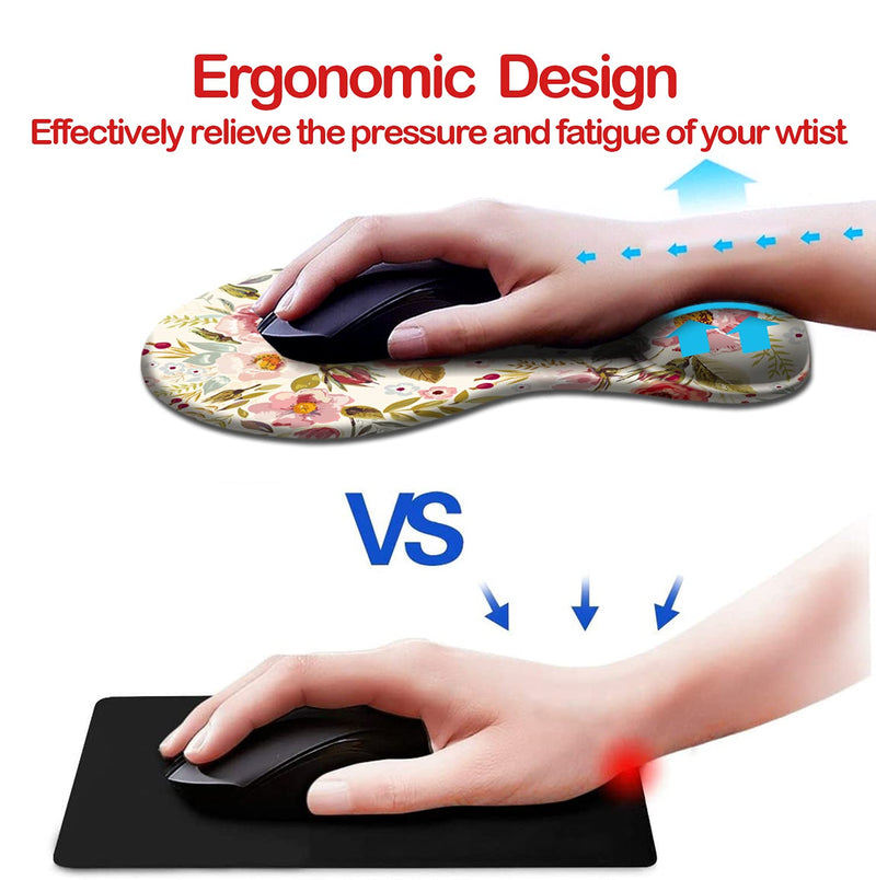 Dooke Ergonomic Mouse Pad with Wrist Support, Cute Mouse Pads with Non-Slip Rubber Base for Home Office Working Studying Easy Typing & Pain Relief Red Flowers