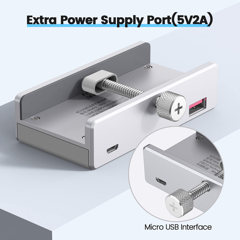 ORICO USB 3.0 Hub Clamp Adapter, Aluminum 4-Port USB Splitter with Extra Power Supply Port and 4.92 FT USB Data Cable, Ultra-Portable USB Expander for MacBook Air/Laptop/PC Sliver
