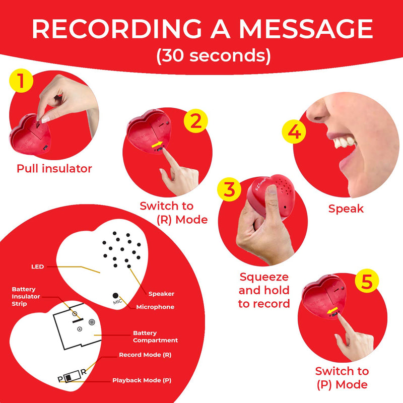 EZSound Build a Bear Voice Recorder | 30 Seconds Stuffed Animal Voice Recorder | Recordable Insert to Create Baby Heartbeat Bear | Sound Box for Voice Gifts | Custom Voice Recorder for Children (Red) Red - 1Pack