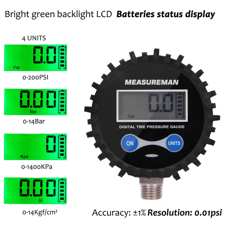 MEASUREMAN 2-1/2" Dial Size Digital Air Pressure Gauge with 1/4'' NPT Bottom Connector and Protective Boot, 0-200psi, Accuracy 1%, Battery Powered with LED Light 2.5" 1/4"NPT lower Short thread 0-200psi