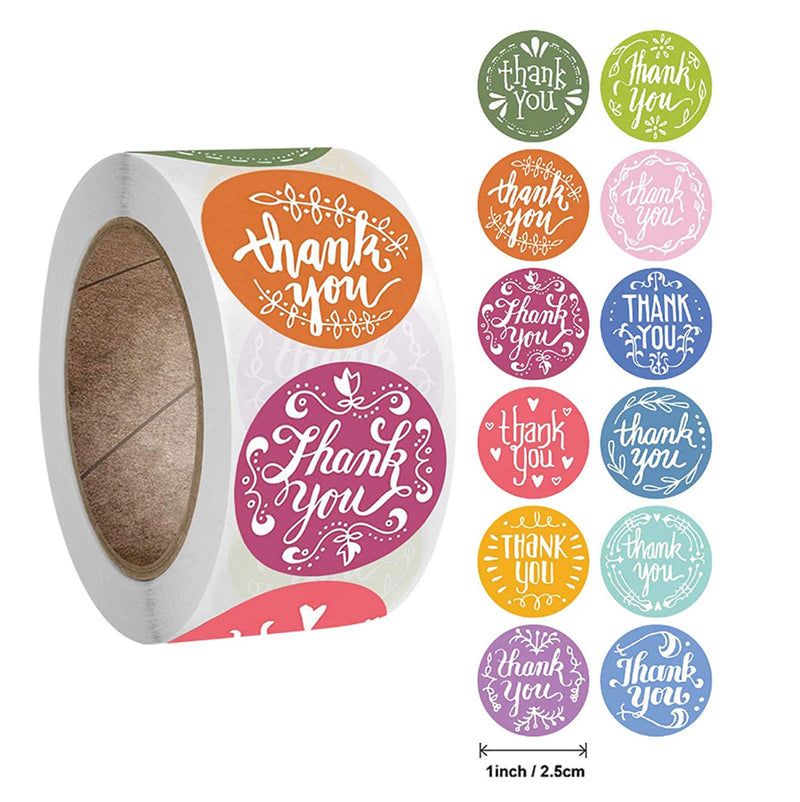 Thank You Sticker roll, 20 Designs of 1" Thank You Sticker Business roll, 1000 Thank You Labels, Used for Gift Packaging, envelopes, Bubble Mail and Bags