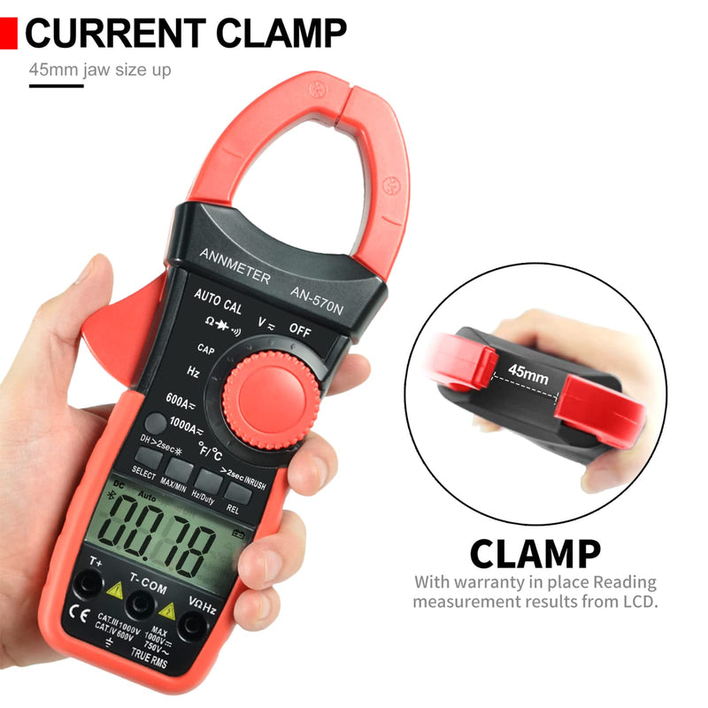 Digital AC DC Inrush Current Clamp Multimeter, 6000 Counts TRMS Auto Range DMM Meter for AC/DC Volt Amp Ohm Temp Duty Hz, Multi-Tester for Voltage Current Resistance Capacitance (ANNMETER AN-570N) 6000 counts & Inrush