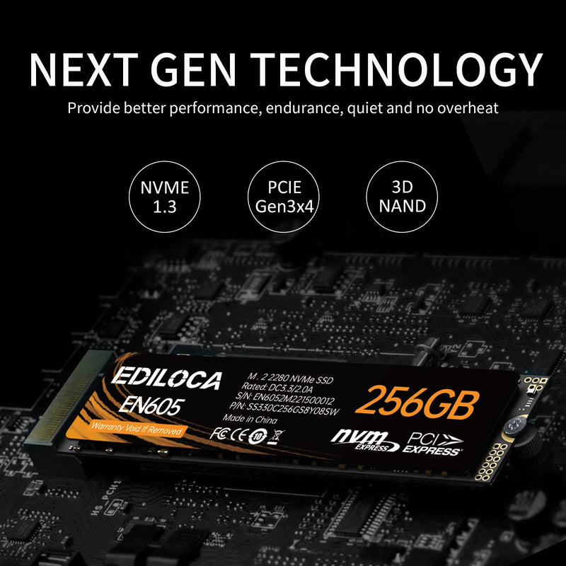 EDILOCA EN605 256GB M.2 SSD, NVMe1.3 PCIe Gen3 x4 SSD Internal Hard Drive, M.2 2280 - Read/Write Speed up to 2150/1300 MB/s - Internal SSD Compatible with Laptop & PC Desktop