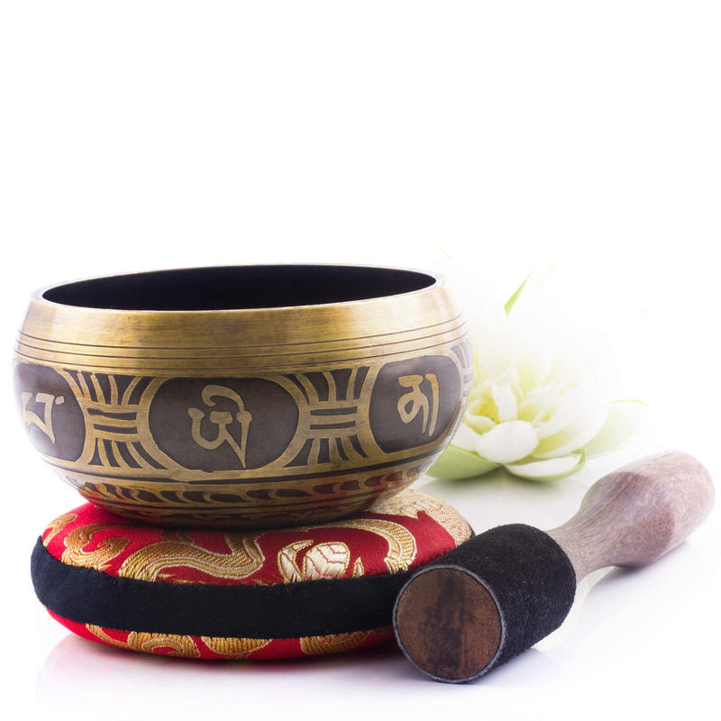 Tibetan Singing Bowl Set ~ Easy to Play with Dual-End Striker & Cushion ~ Beautiful Sound for Holistic Healing, Meditation & Relaxation ~ Gratitude Pattern ~ Antique Light Brown Bowl with Red Pillow