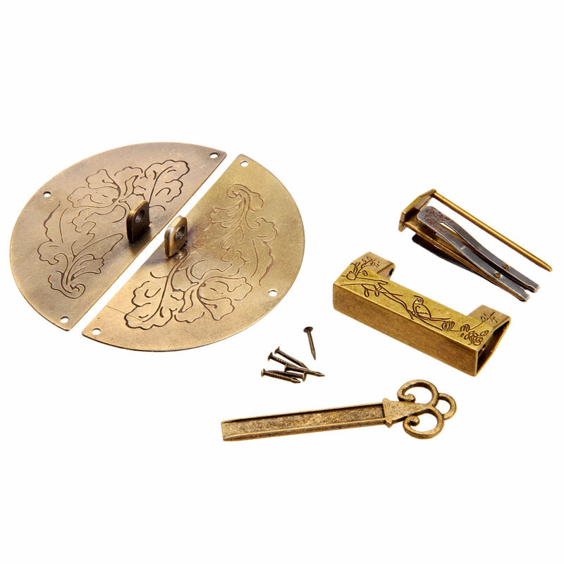 Dophee Old Style Chinese Carved Lock with Key & Pull Handle & Screws for Cabinet Jewelry Box Gift Box