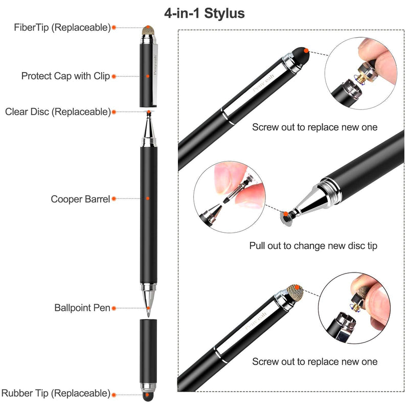 Penyeah 4-in-1 Multi Tips Black Stylus Pens for Touch Screens Bundle with Its Whole Set Accessoies Include Blue Refills