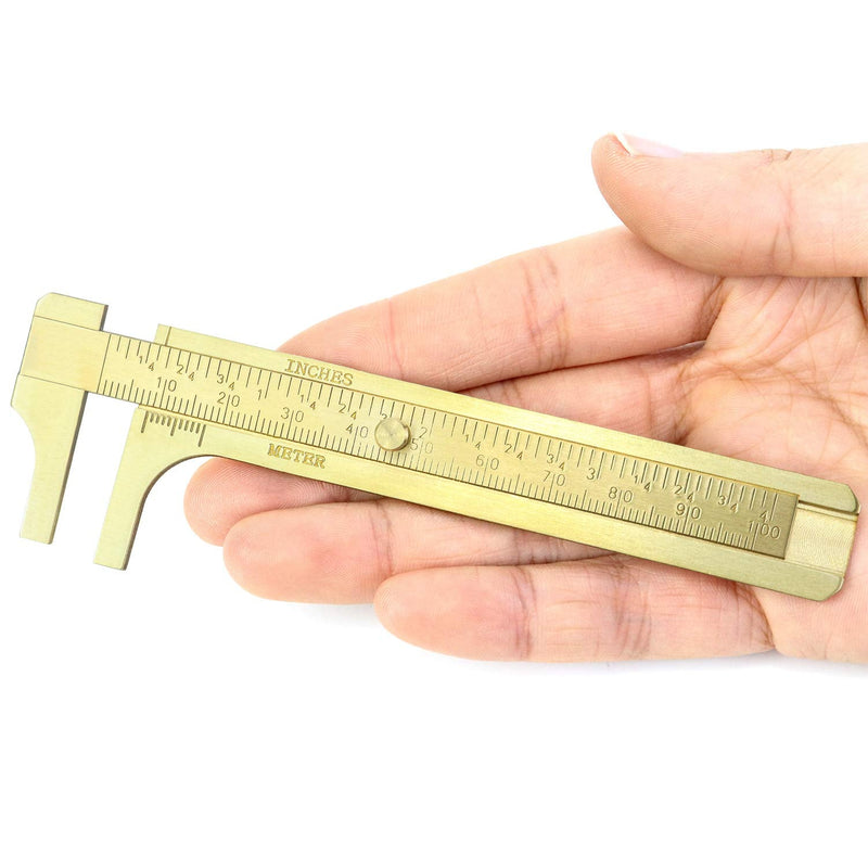 QWORK 4 Inch Vernier Caliper, Brass Sliding Double Scale Handy Sliding Gauge Ruler Measuring Tool