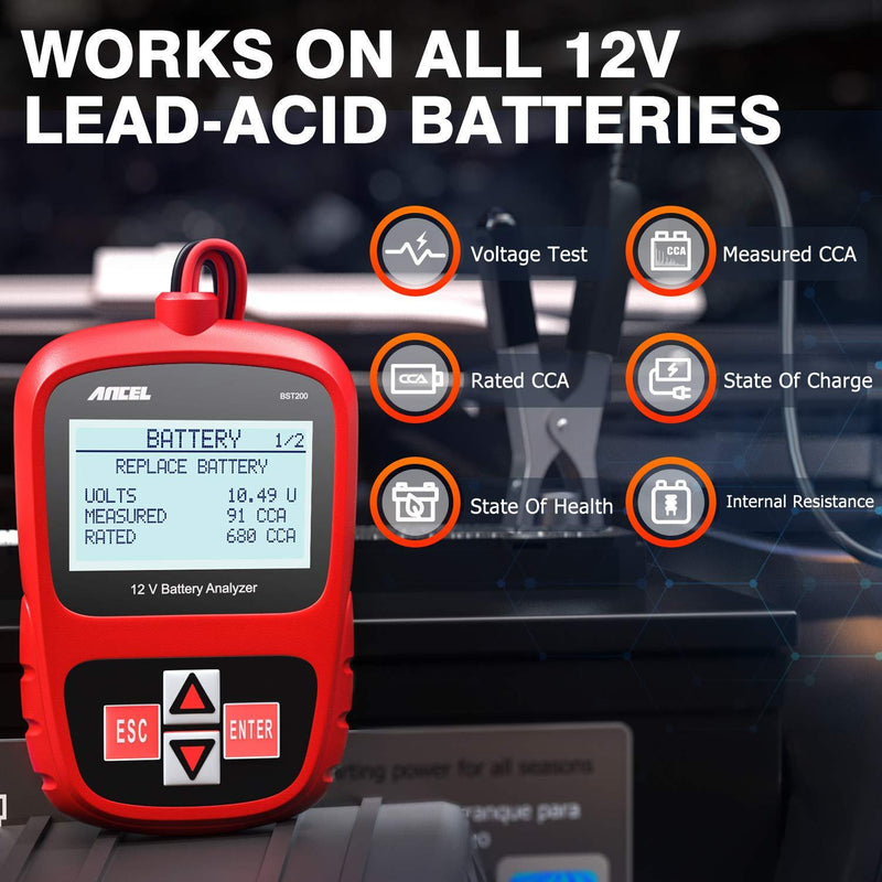 ANCEL BST200 Car Battery Tester 12V 100-1100 CCA Automotive Bad Cell Load Test Tool Digital Analyzer Tester for Car Truck Motorcycle SUV Boat and More