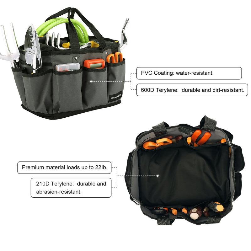 Housolution Gardening Tote Bag, Deluxe Garden Tool Storage Bag and Home Organizer with Pockets, Wear-Resistant & Reusable, 14 Inch, Gray + Black Gray & Black