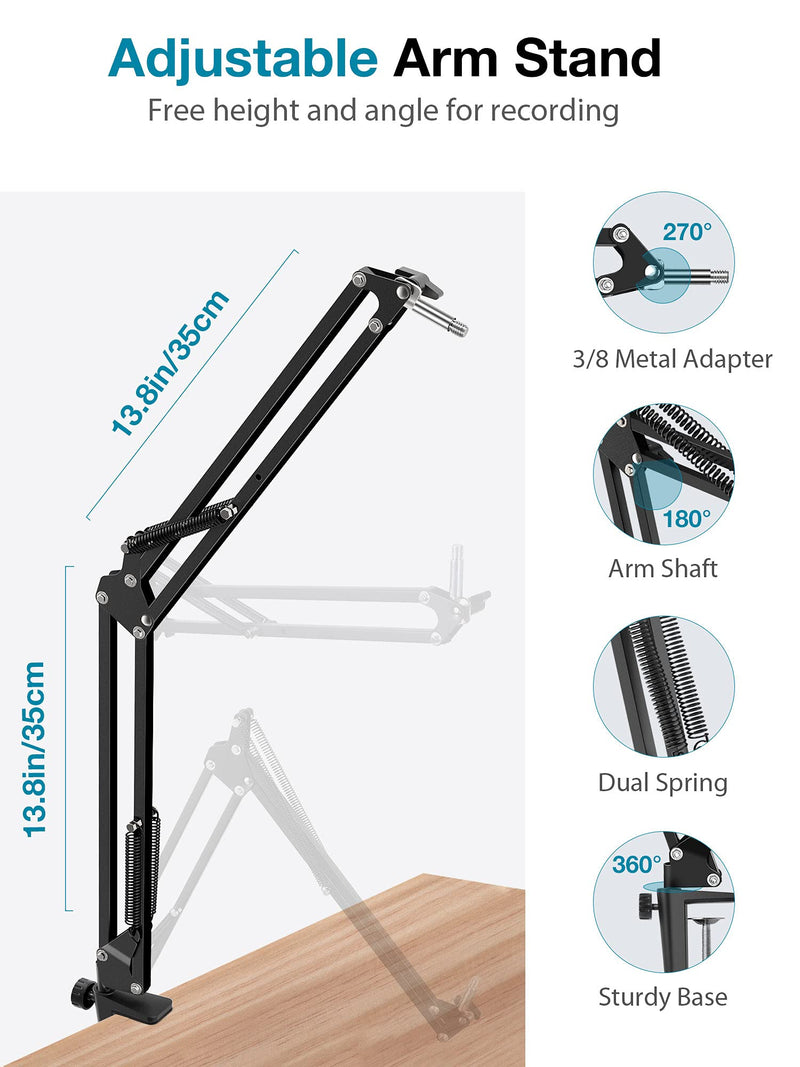 InnoGear Microphone Arm, Upgraded Mic Arm Microphone Stand Boom Suspension Stand with 3/8" to 5/8" Screw Adapter Clip for Blue Yeti Snowball, Yeti Nano, Yeti x and other Mic, Medium