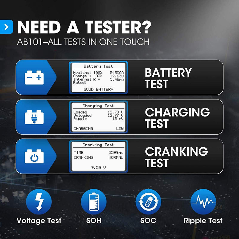 TOPDON AB101 Car Battery Tester 12V Car Battery Load Tester on Cranking Charging Systems, 100-2000 CCA Automotive Alternator Analyzer for Cars/SUVs/Light Trucks with Flooded AGM Gel Types