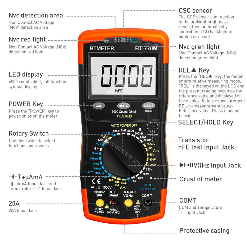 Digital Multimeter TRMS 6000 Count, BTMETER BT-770M Auto/Manual Ranging DMM Electrical Meter Tester for AC/DC Amp, AC/DC Volt, Ohm Capacitance Frequency Continuity Temperature NCV, Auto Backlight BT-770M Manual Ranging